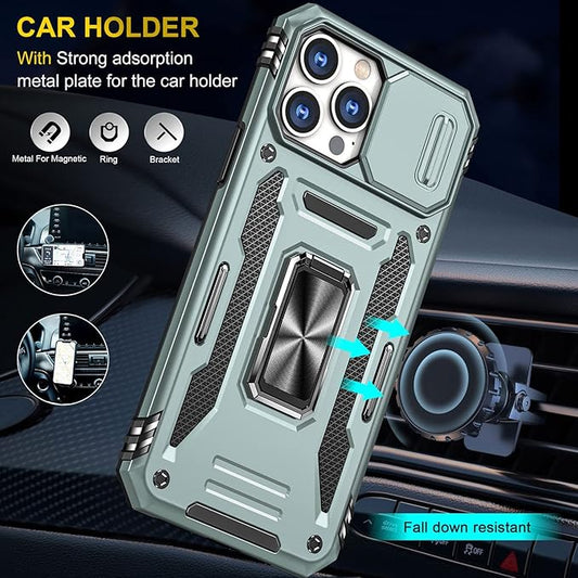 Phone Case for iPhone 13 Pro Max Case iPhone 13 Pro Max Phone Case with Slide Camera Cover, with Finger Ring Holder Stand, fit Magnetic Car Mount, for iPhone 13 Pro Max (Alpine Green)