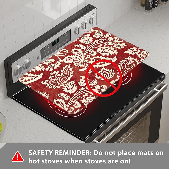 Decorative Electric Stove Cover - Red Indian Floral Design, Non-Slip Heat Resistant Protector for Smooth/Glass Top Stoves, Fits 28.5'' x 20.5'' (Not for Gas or Coil)