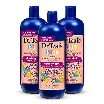Dr Teal's Kids 3-in-1 Bubble Bath, Body Wash  Shampoo, Boost  Renew Elderberry with Vitamin C, 20 fl oz. (Pack of 3)
