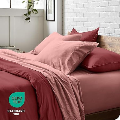 Bare Home Ultra Soft Washed Microfiber 4 Piece Sheet Set, Linen-Like Look, Easy Care, Hypoallergenic, Deep Pocket up to 15, 1 Fitted Sheet, 1 Flat Sheet, 2 Std. Pillowcases (Queen, Dusty Rose)