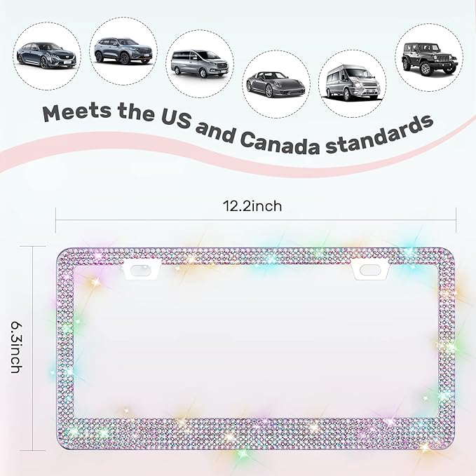 1 Pack Bling License Plate Frames, Sparkly Rhinestone Diamond Car License Plate Cover for Women, Stainless Steel Car Accessories with Glitter Crystal Caps (1 Pack Colorful)