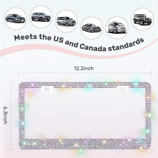 1 Pack Bling License Plate Frames, Sparkly Rhinestone Diamond Car License Plate Cover for Women, Stainless Steel Car Accessories with Glitter Crystal Caps (1 Pack Colorful)