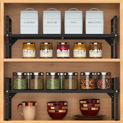 SANNO Expandable Kitchen Shelf Organizers, Stackable Cabinet Shelf Organizer Storage Rack, Countertop Organizer Kitchen Pantry Cupboard Pantry,Black, 10" W, 1 Pack