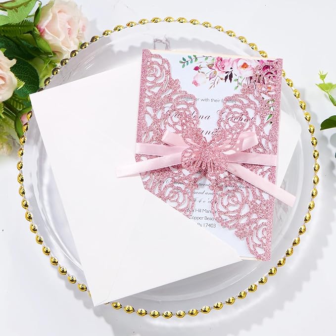 50PCS Pink Wedding Invitations Laser Cut Invitation with Envelopes and Rsvp Card Personalized Inner Sheets for Wedding Bridal Baby Shower QuinceañEra Engagement Birthday