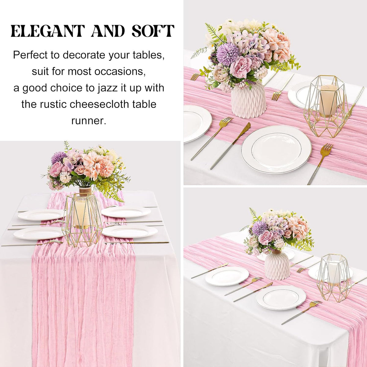 2 Pieces Pink Cheesecloth Table Runner Boho Gauze Fabric Table Runner Rustic Sheer Runner for Wedding Birthday Baby Shower Party Boho Table Decoration?Pink?