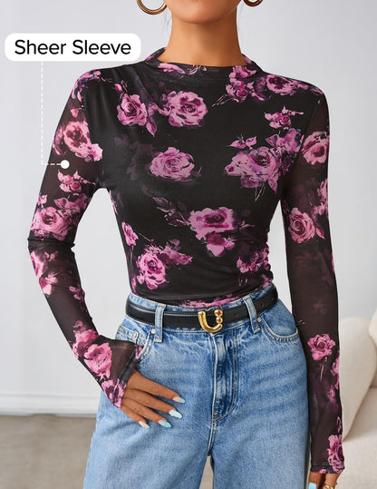 ZESICA Floral Long Sleeve Tops for Women 2026 Fall Mesh Mock Neck Ruched Fitted Shirts Going Out Blouses Trendy Clothes