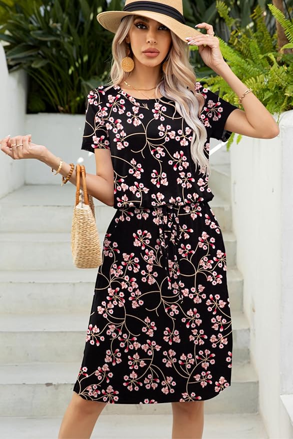 levaca Womens Summer Casual Dress Belly Drawstring Beach Coverup Short Sleeve 2025 Outfit Midi Sundress with Pockets