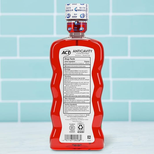 ACT Anticavity Zero Alcohol Fluoride Mouthwash 18 fl. oz., With Accurate Dosing Cup, Cinnamon (Pack of 1)