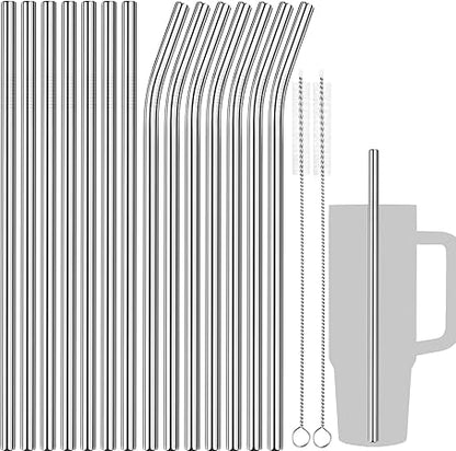 Tomorotec 30oz Straws, 11" Stainless Steel Straw 14PCS for 30oz Stanley Tumbler, 0.35"9mm Diameter Sleek Metallic Finish- 7 Straight, 7 Bent Straws  2 Brushes, Dishwasher Safe, 304 Food-Grade