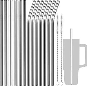 Tomorotec 30oz Straws, 11" Stainless Steel Straw 14PCS for 30oz Stanley Tumbler, 0.35"9mm Diameter Sleek Metallic Finish- 7 Straight, 7 Bent Straws  2 Brushes, Dishwasher Safe, 304 Food-Grade