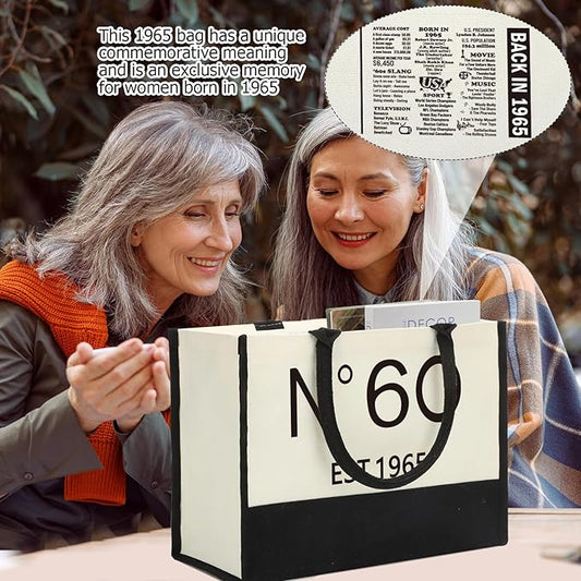 60th Birthday Gifts for Women Tote Bag, 60 Years Old Gifts for Her, Vintage 1965 Canvas Birthday Bag Happy 60th for Her Turning 60