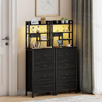 Tall Nightstand, LED Night Stand with Charging Station and USB Ports, 4 Fabric Drawers and 4 Tier Storage Shelf, Nightstands Bedside Tables for Bedroom, Dorm, Office (Black Oak)