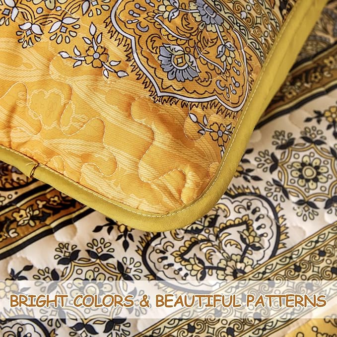 WONGS BEDDING Yellow Orange Bohemian King Quilt, Boho Quilt King Size, Lightweight Microfiber Bed Decor Bedspread for All Season 103"x90"(3 Pieces)