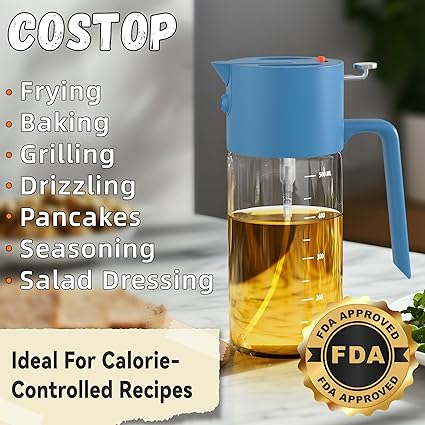 Oil Sprayer for Cooking, 2 in 1 Olive Oil Dispenser Bottle for Cooking,500ml17oz Glass Olive Oil Sprayer, Patented, Continuous Spray with Portion Control, for Kitchen, Air Fryer, Salad, BBQ - Blue
