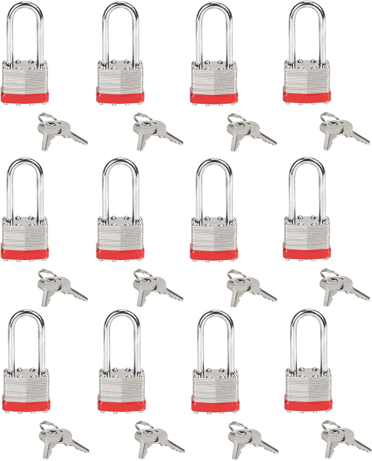 40mm Keyed Alike (A389) Laminated Steel Long Shackle Padlock, 1 3/4" Wide x 2 3/4" Shackle Size (12 Pack)