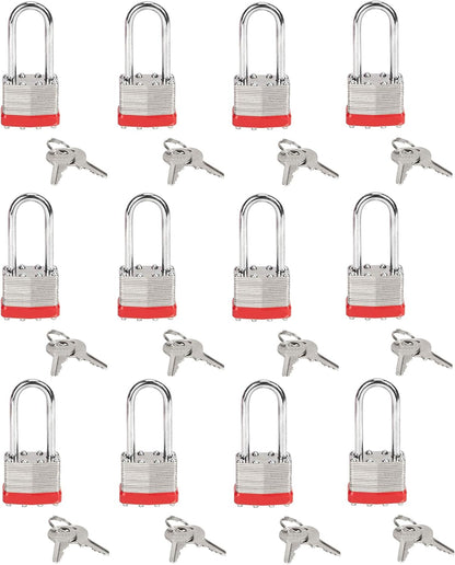 40mm Keyed Alike (A389) Laminated Steel Long Shackle Padlock, 1 3/4" Wide x 2 3/4" Shackle Size (12 Pack)