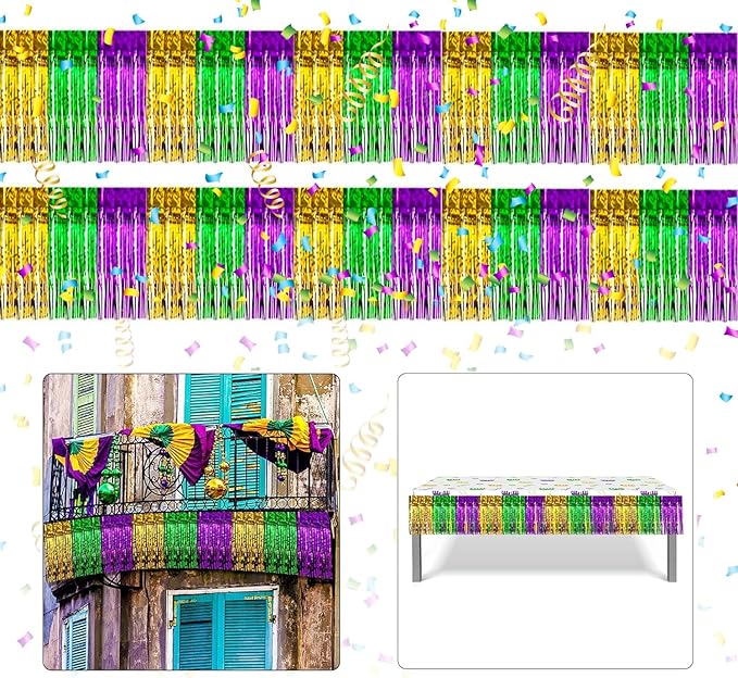 2 Pack Mardi Gras Foil Fringe Garland,19.68Ft Metallic Fringe Tinsel Streamers Banner,Gold Green Purple Foil Fringe Drape for Street Background Decorations DIY Party Supplies