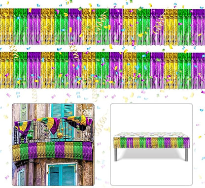 2 Pack Mardi Gras Foil Fringe Garland,19.68Ft Metallic Fringe Tinsel Streamers Banner,Gold Green Purple Foil Fringe Drape for Street Background Decorations DIY Party Supplies