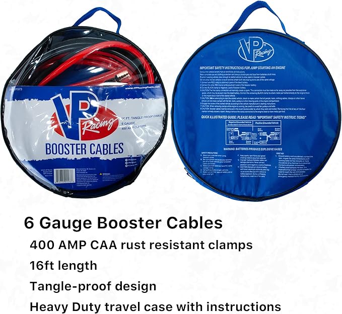 Heavy Duty Jumper Cables VP Racing - 16 ft. 6 Gauge for Car Battery Automotive Booster Cables With Vice Clamps for Jump Starting Dead or Weak Batteries with Carrying Bag Included - Cars, Trucks, SUVs