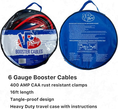 Heavy Duty Jumper Cables VP Racing - 16 ft. 6 Gauge for Car Battery Automotive Booster Cables With Vice Clamps for Jump Starting Dead or Weak Batteries with Carrying Bag Included - Cars, Trucks, SUVs