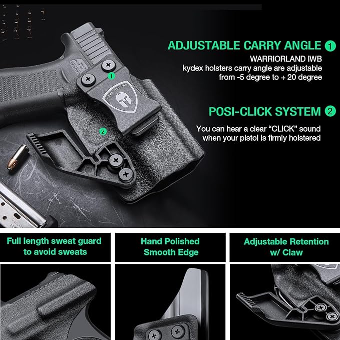 WARRIORLAND IWB Kydex Holster wClaw  Optics Cut Compatible with Glock 43  G43X  G43X MOS Pistol, Inside Waistband Concealed Carry Holster, Adj. Retention  Cant, Right Hand
