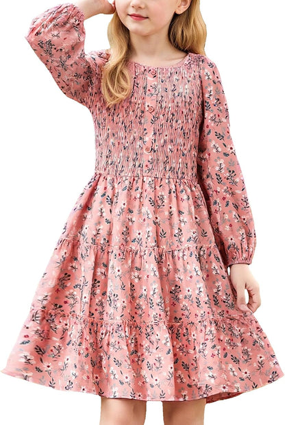 GRACE KARIN Girls Fall Long Sleeve Floral Christmas Teen Dress Size 6-14 | Suitable for Thanksgiving Casual Winter Holiday Party Flower School,Smocked,Midi,Fancy,Buttons,Ruffles,Tiered,Tween,Kids.