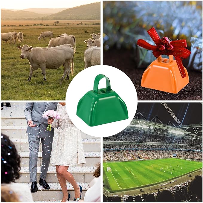 PATIKIL 2pcs Cow Bells for Football Games, 3inch Cowbells for Sporting Events Bulk Loud Noise Makers Metal Cow Bell with Handle for Cheering Competition Marathon Wedding, Green