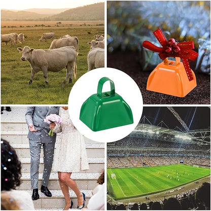 PATIKIL 2pcs Cow Bells for Football Games, 3inch Cowbells for Sporting Events Bulk Loud Noise Makers Metal Cow Bell with Handle for Cheering Competition Marathon Wedding, Green