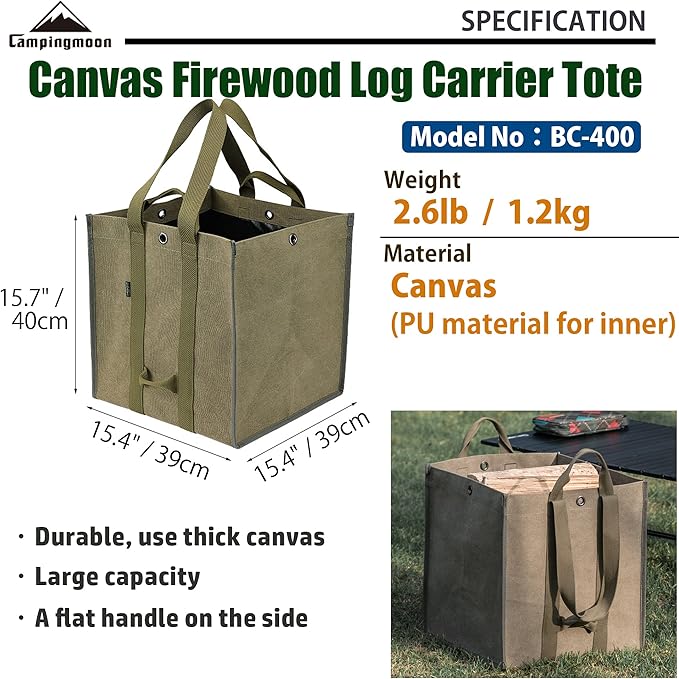 Firewood Log Carrier Tote Fire Wood Canvas BC-400 Khaki Durable Easy Carry