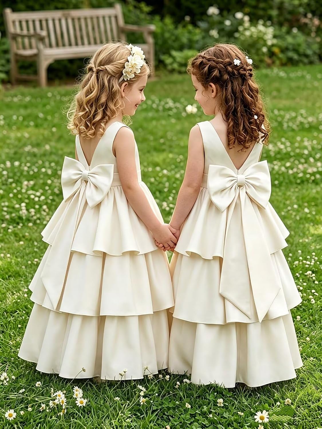 Satin Flower Girl Dresses for Wedding Tiered First Communion Dress Bow on Back Girls Formal Pageant Party Ball Gown
