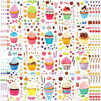 Sinmoe 100 Sheets Valentine Cupcake Stickers Colorful Make Your Own DIY Sweet Kids Cupcake Craft Mix and Match Dessert Stickers for Kids Classroom Birthday Party Favor, 20 Styles