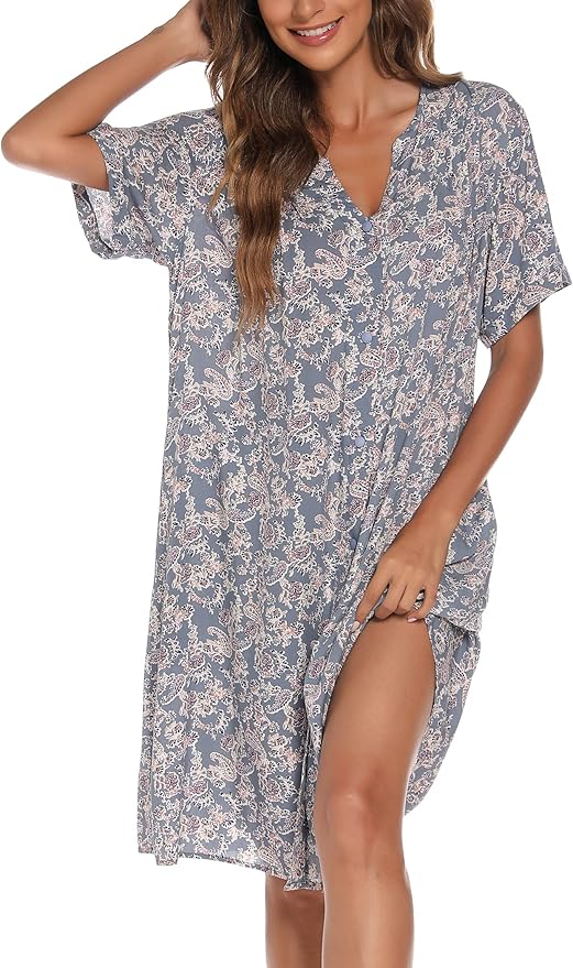 YOZLY House Dress Women Cotton Duster Robe Short Sleeve Housecoat Button Down Nightgown