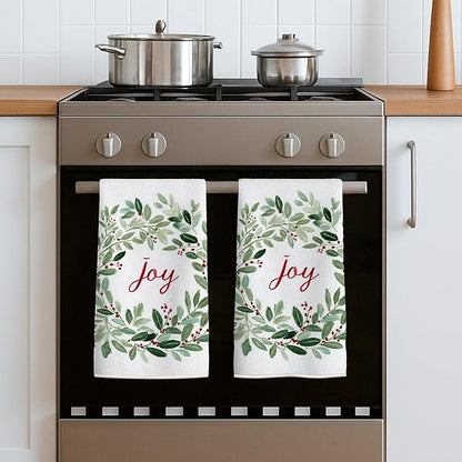 Joy Kitchen Towels, Christmas Rustic Leaves Berries Christmas Green Drying Kitchen Hand Towels New Home Essentials 16x24 Inch (Set of 4)