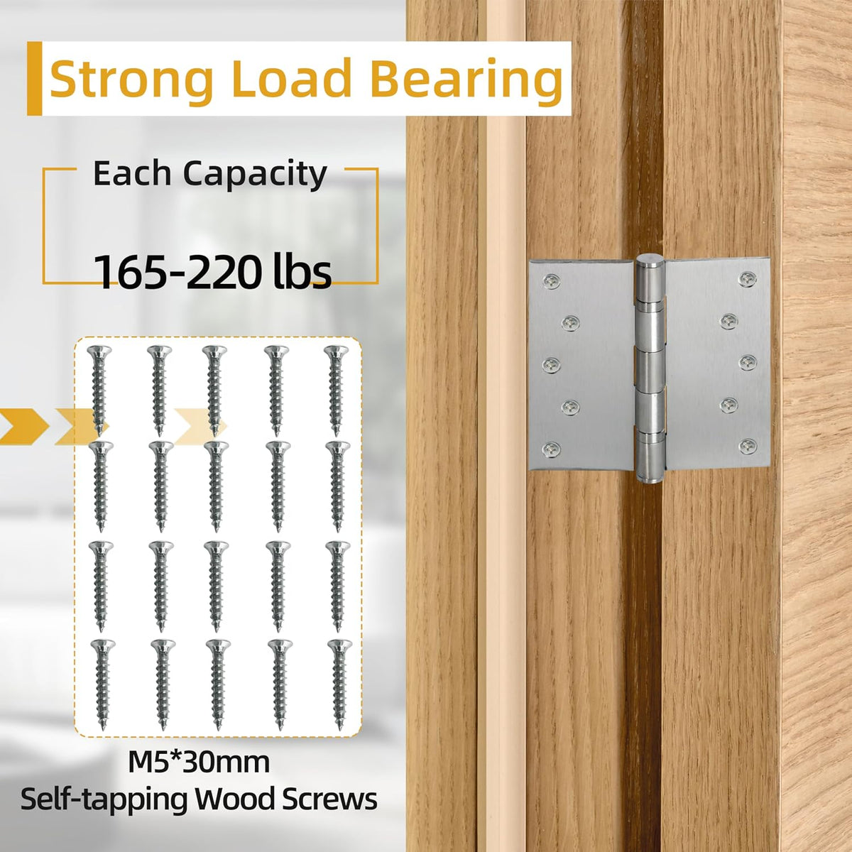 2pcs 5 in Hinges Heavy Duty Door Hinge up to 220 lbs,Stainless Steel Hinges Ball Bearing,Outside Door Hinges Front, Thickness 3 mm, Square Corners with 20 Screws, Non-Removable Pin Silver