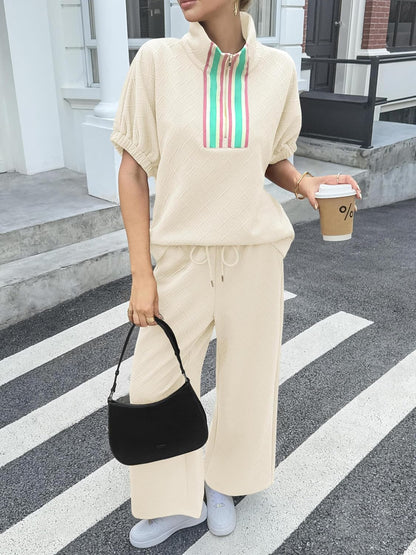 Womens 2 Piece Outfits Textured Color Block Half Zipper Puff Short Sleeve Tops Cropped Wide Leg Pant Lounge Sets