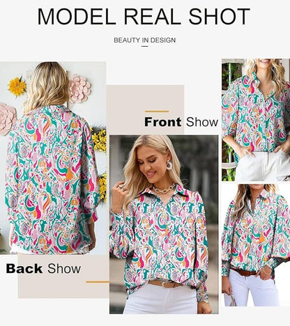 Astylish Women 2025 Loose V-Neck Shirts Paisley Print Lantern Sleeve Blouse Boho Tops