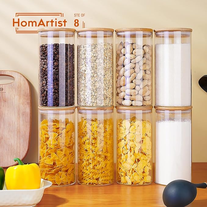 Glass Jars with Bamboo Lids 30 floz Set of 8, Glass Canisters with Airtight Lids, Glass Food Storage Containers for Pasta, Oats, Coffee, Flour, Sugar, Rice, Best for Kitchen  Pantry