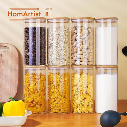 Glass Jars with Bamboo Lids 30 floz Set of 8, Glass Canisters with Airtight Lids, Glass Food Storage Containers for Pasta, Oats, Coffee, Flour, Sugar, Rice, Best for Kitchen  Pantry