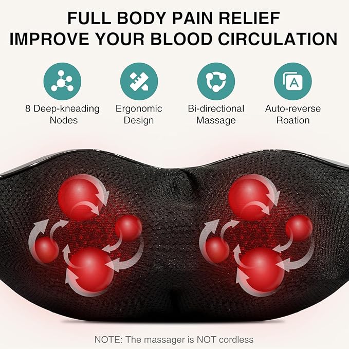 Shiatsu Neck and Back Massager with Soothing Heat, Electric Deep Tissue 3D Kneading Massage for Shoulder, Leg, Body Muscle Pain Relief, Home, Office, and Car FSA HSA Eligible