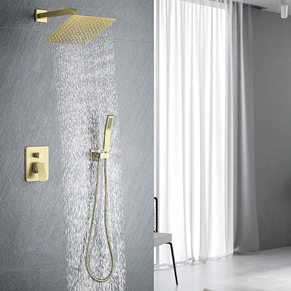 Shower Faucet set Brushed Gold Shower System with 10'' Square Rainfall Showerhead and Handheld Shower Sprayer,Inclued Control Valve and trim kit