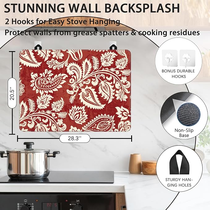 Decorative Electric Stove Cover - Red Indian Floral Design, Non-Slip Heat Resistant Protector for Smooth/Glass Top Stoves, Fits 28.5'' x 20.5'' (Not for Gas or Coil)