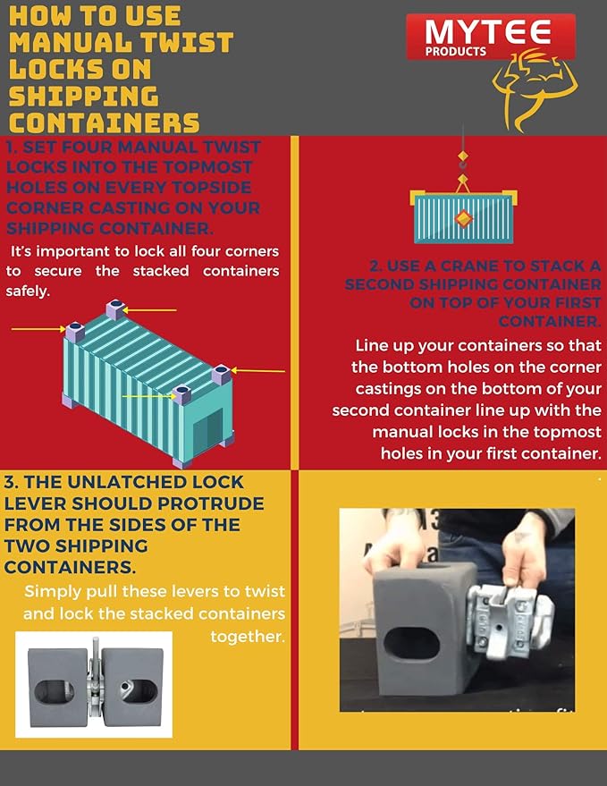 Mytee Products (4 Pack Sea Rail Shipping Container Manual Twist Lock Left-Right Handlocking Casting Steel - No Lever Required