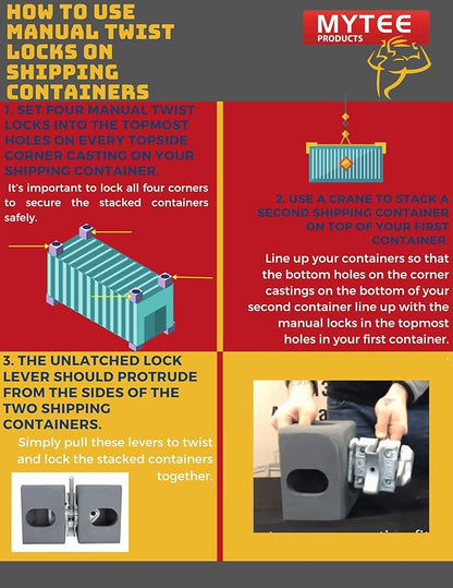 Mytee Products (4 Pack Sea Rail Shipping Container Manual Twist Lock Left-Right Handlocking Casting Steel - No Lever Required