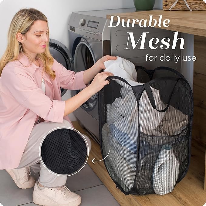 Handy Laundry Collapsible Mesh Pop Up Hamper with Wide Opening and Side Pocket Ai Breathable, Sturdy, Foldable, and Space-Saving Design for Clothes and Storage. (Black)