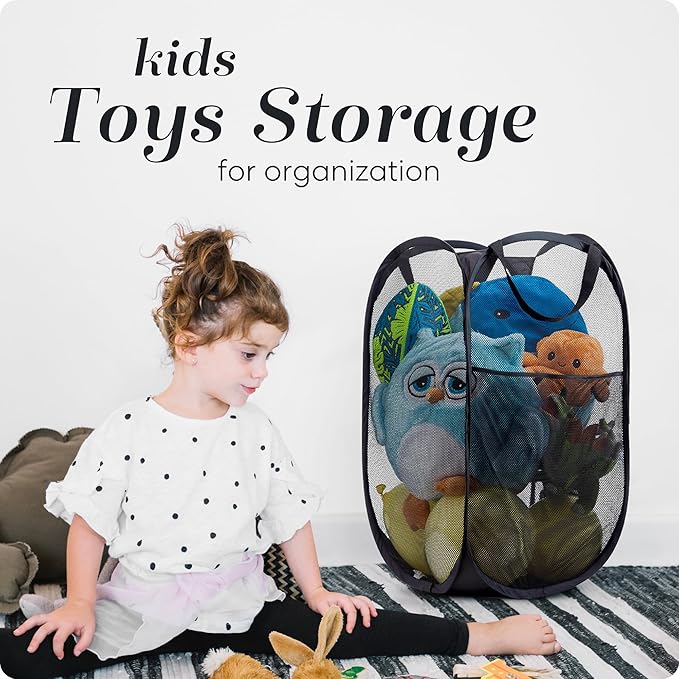 Handy Laundry Collapsible Mesh Pop Up Hamper with Wide Opening and Side Pocket Ai Breathable, Sturdy, Foldable, and Space-Saving Design for Clothes and Storage. (Black)