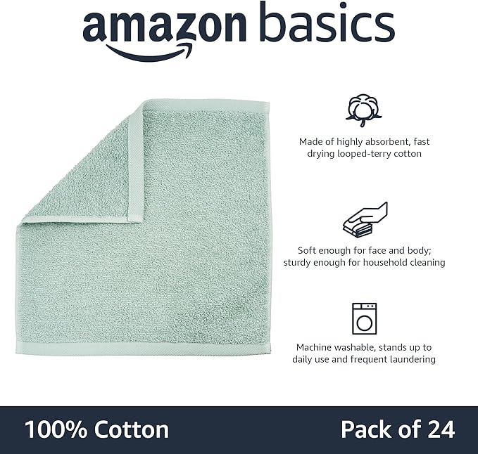 Basics face Towels for bathroom, 100 Cotton Extra Absorbent washcloth, Fast Drying - salon towel - 24 Pack (12 x 12 inches), Seafoam Green, Ice Blue, White