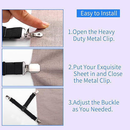 MENDENG Sheet Straps Fitted Sheet Clips Holder Surspeners Keep Sheets in Place Bed Sheet Fasteners Gripper Black 4P
