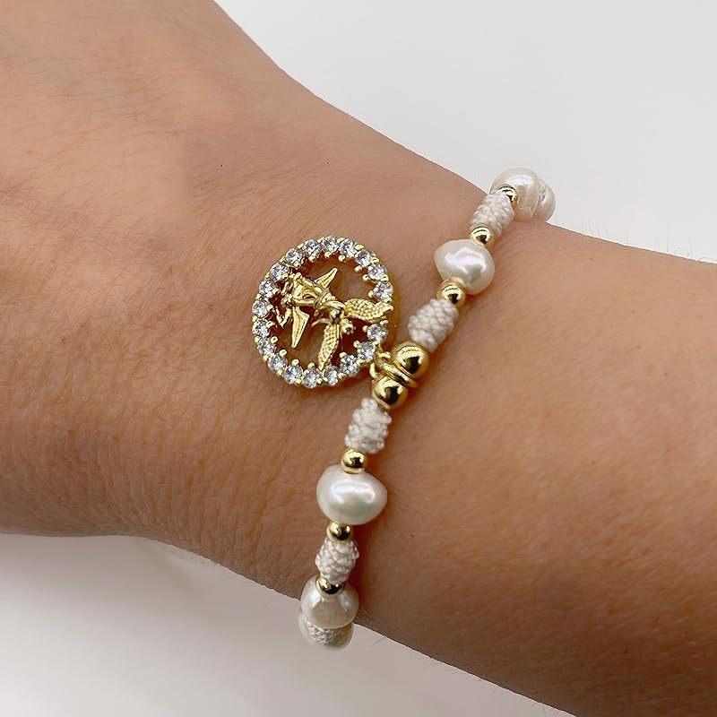 St Michael Archangel Pendant Medal on Adjustable Ivory Cord and Freshwater Pearls Wrist Adjustable Bracelet (Ivory)