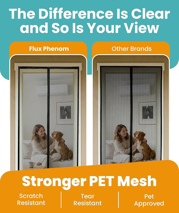 Flux Phenom Magnetic Screen Door - Bugs Out, Breeze in - 9min Install Auto-Sealing Heavy Duty Double Stitched Mesh, 52 Magnets, Hands Free Sliding & Patio Doors Net, Pet & Kid Friendly, 38 x 82 Inch