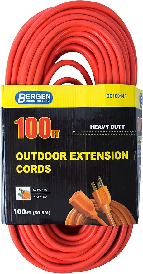 Inc Bergen Industries OC100143, 100 ft, 14 AWG, 15A/125V AC Heavy-Duty Outdoor Single Receptacle Extension Cord, Orange